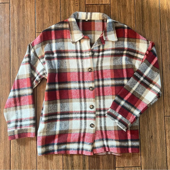 Plaid Flannel Shacket Button Down Jacket Shirt Pockets Red Boho Western Medium - Picture 2 of 14